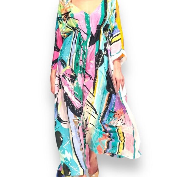 V Neck Multicolor Abstract Cotton Long Kaftan Dress Cover Up - NEW - Picture 4 of 4